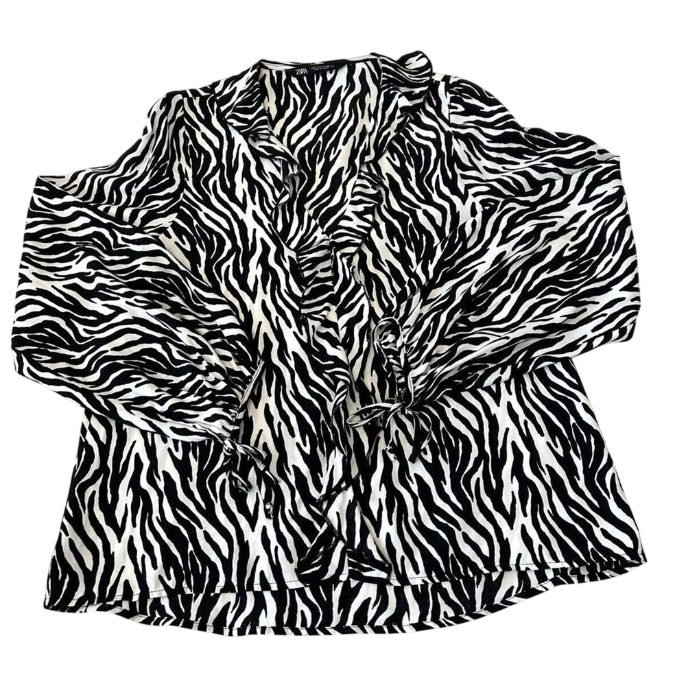 Zara Women's Zebra Print Popover Blouse Size S Long Sleeve Shirt Ruffle Front